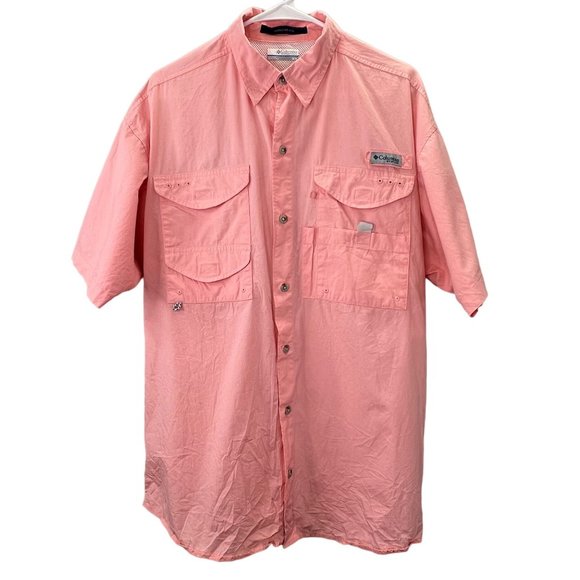 Columbia Bonehead PFG Vented Fishing Shirt M Men Pink Short Sleeve Button Up - Picture 1 of 11